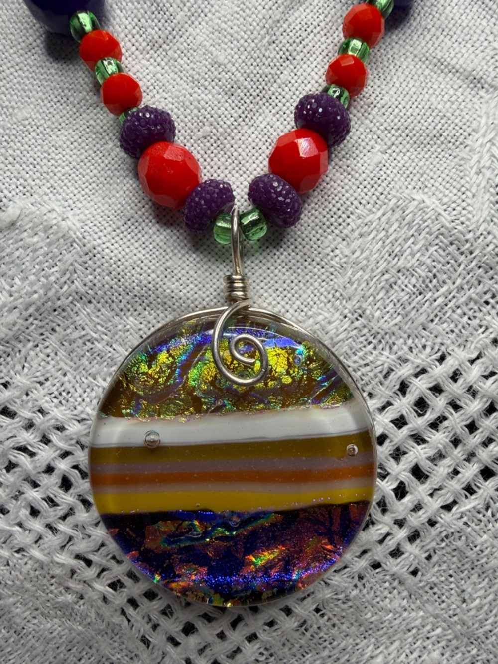 Handmade Dichroic Glass Pendant Necklace & Earrings in Multicolor